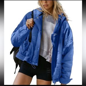 Free People Style Blue Quilted Puffer Jacket Hooded NWOT
